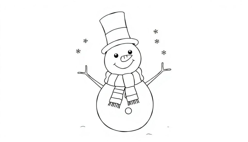 Schwarz-weiße Farbtafel eines lächelnden Schneemanns mit Hut und Schal.