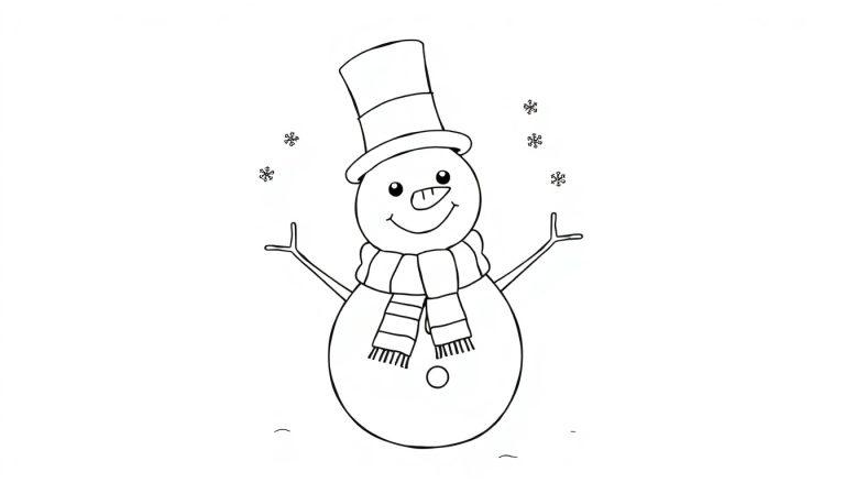 Schwarz-weiße Farbtafel eines lächelnden Schneemanns mit Hut und Schal.