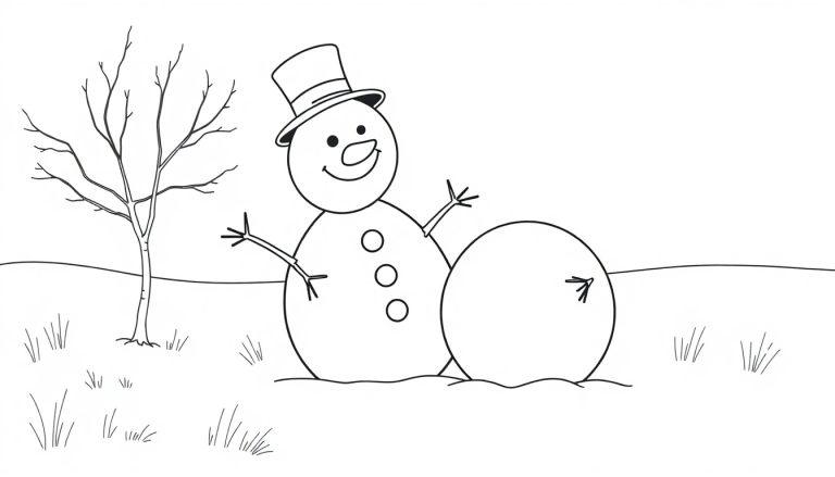 Eine Schwarz-Weiß-Farbtafel eines Schneemanns, der einen Schneeball baut.