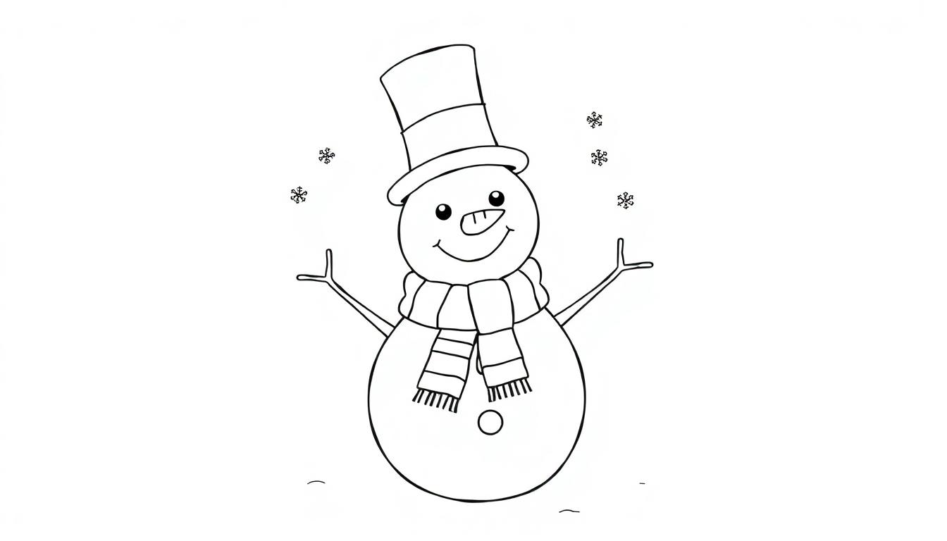 Schwarz-weiße Farbtafel eines lächelnden Schneemanns mit Hut und Schal.