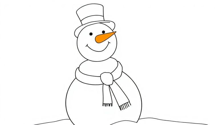 Ein schwarz-weißer Schneemann mit Hut, Lächeln und Karottennase, als Malvorlage für Kinder.