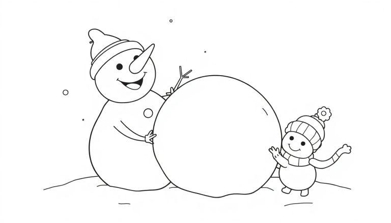 Eine niedliche Farbtafel-Zeichnung von zwei Schneemännern, die zusammenarbeiten, um einen großen Schneeball zu bauen. Der größere Schneemann links hält den Ball, während der kleinere Schneemann rechts winkt. Schneeflocken schweben um sie herum auf einem verschneiten Untergrund.