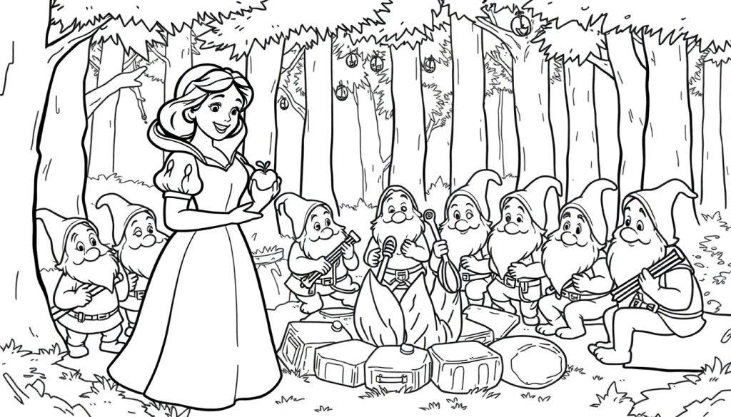 Schwarz-weiße Farbtafel-Illustration von Schneewittchen, die den sieben Zwergen einen Apfel gibt, während sie um ein Lagerfeuer im Wald sitzen.