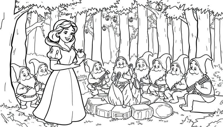 Schwarz-weiße Farbtafel-Illustration von Schneewittchen, die den sieben Zwergen einen Apfel gibt, während sie um ein Lagerfeuer im Wald sitzen.