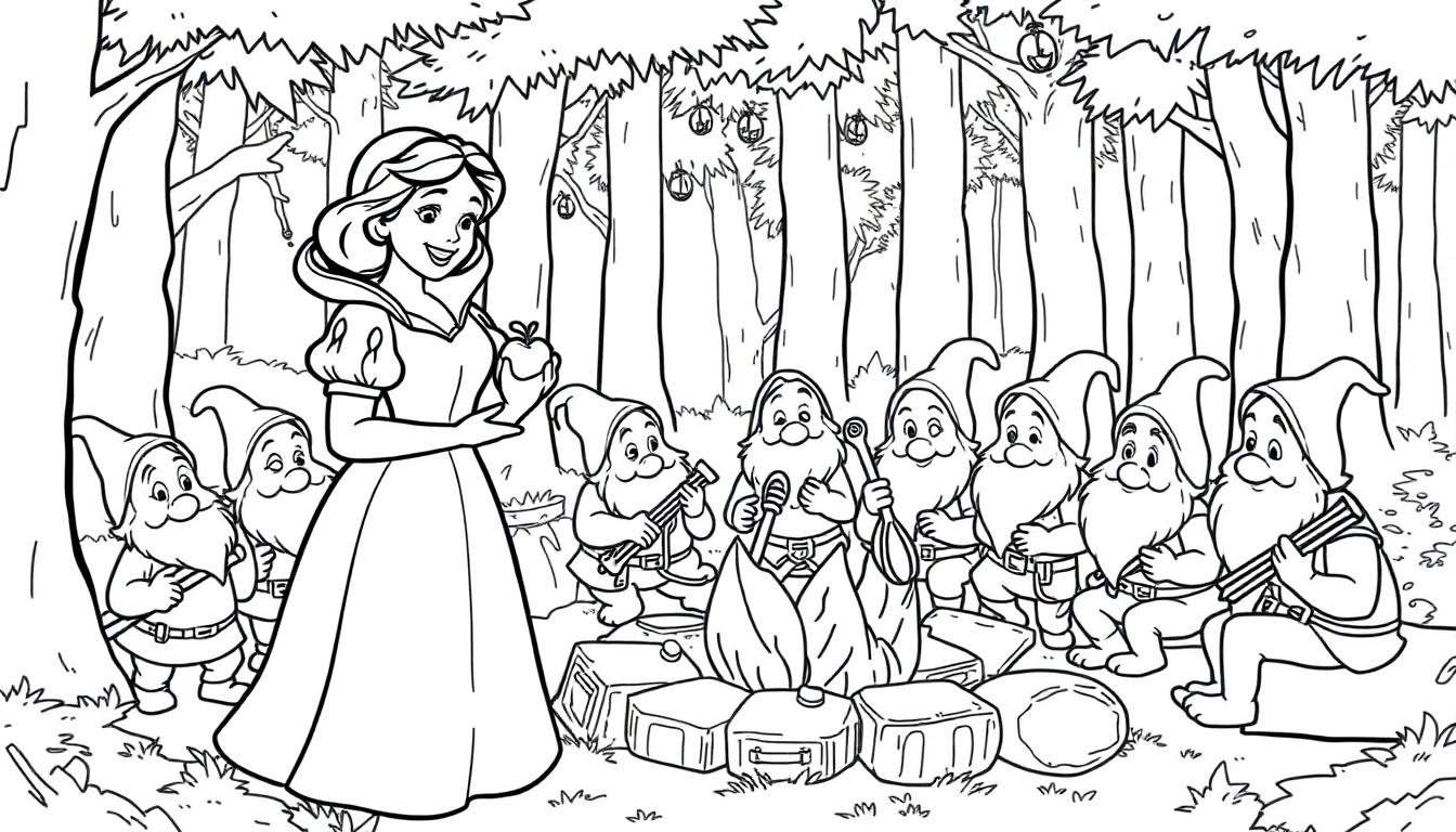 Schwarz-weiße Farbtafel-Illustration von Schneewittchen, die den sieben Zwergen einen Apfel gibt, während sie um ein Lagerfeuer im Wald sitzen.
