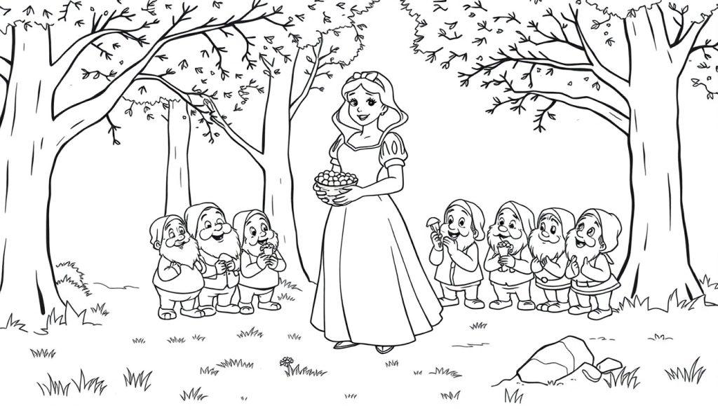 Schwarz-weiße Farbtafel-Illustration von Schneewittchen und den sieben Zwergen im Wald.