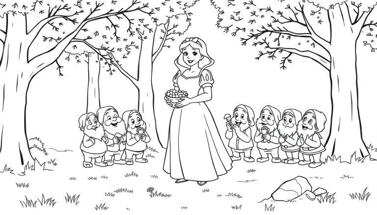 Schwarz-weiße Farbtafel-Illustration von Schneewittchen und den sieben Zwergen im Wald.