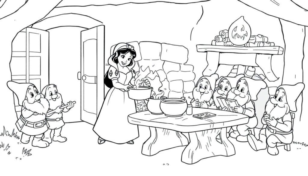 Schneewittchen kocht für die Zwerge in ihrem Zuhause. Schwarz-Weiß-Farbtafel.