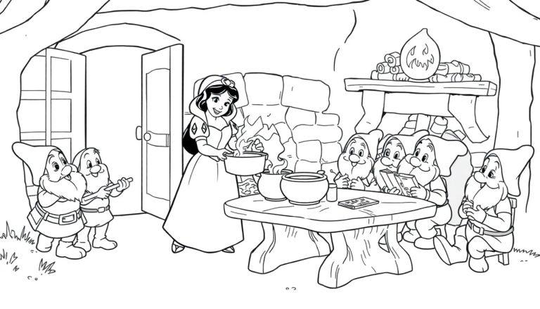 Schneewittchen kocht für die Zwerge in ihrem Zuhause. Schwarz-Weiß-Farbtafel.