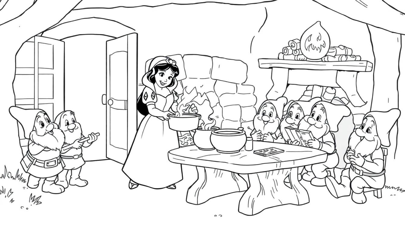 Schneewittchen kocht für die Zwerge in ihrem Zuhause. Schwarz-Weiß-Farbtafel.