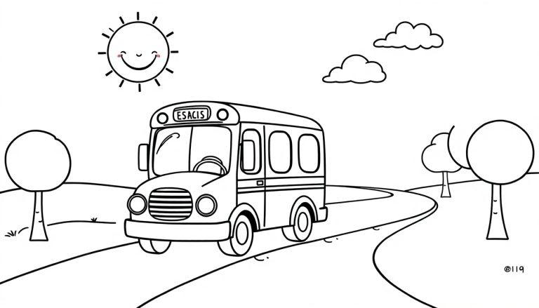 Eine Schwarz-Weiß-Farbtafel eines Schulbusses auf einer Landstraße mit Bäumen und einer lächelnden Sonne.