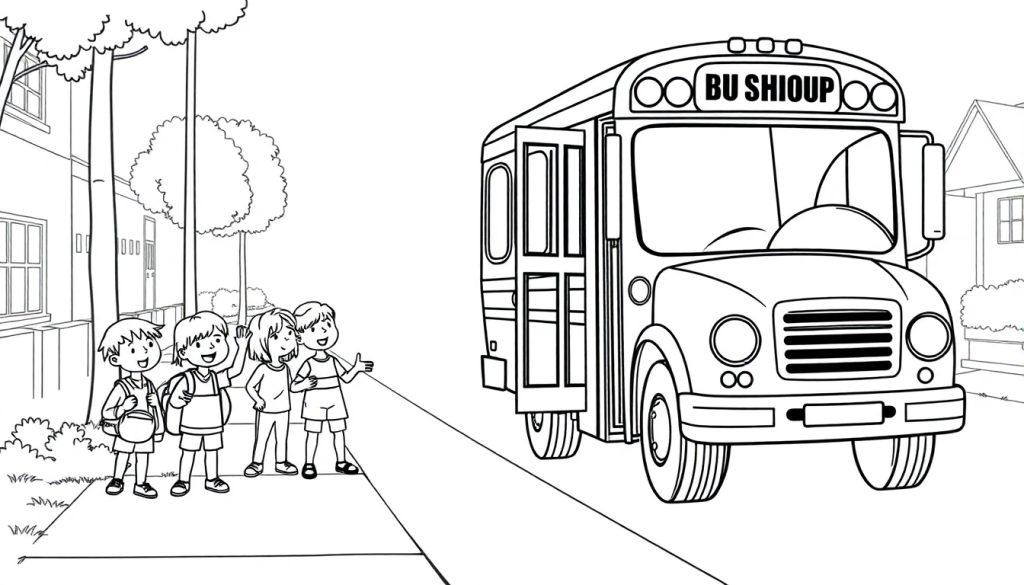 Eine Schwarz-Weiß-Farbtafel von vier Kindern, die vor einem Schulbus stehen und winken.