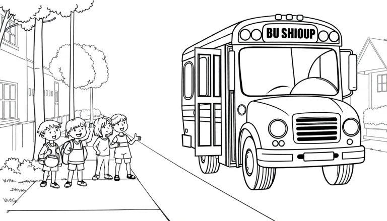 Eine Schwarz-Weiß-Farbtafel von vier Kindern, die vor einem Schulbus stehen und winken.