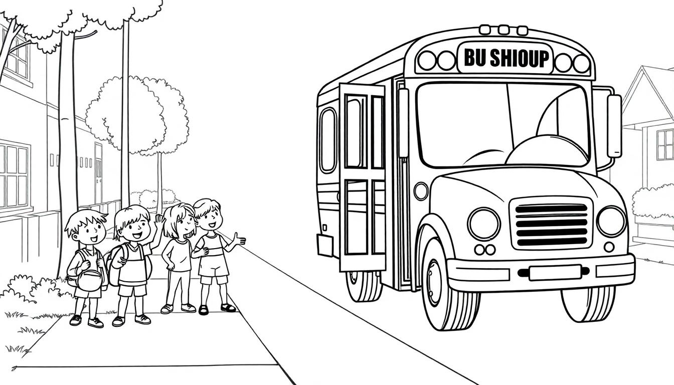 Eine Schwarz-Weiß-Farbtafel von vier Kindern, die vor einem Schulbus stehen und winken.