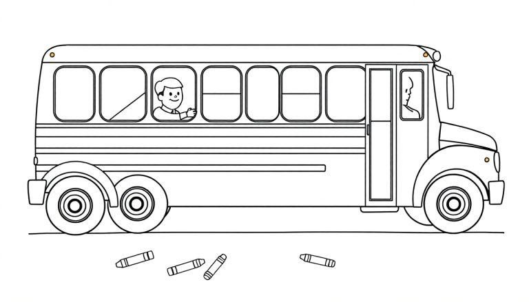 Ein fröhlicher Schulbus zum Ausmalen mit einem winkenden Kind und einem freundlichen Fahrer, umgeben von vier Stiften auf dem Boden, eine Farbtafel.