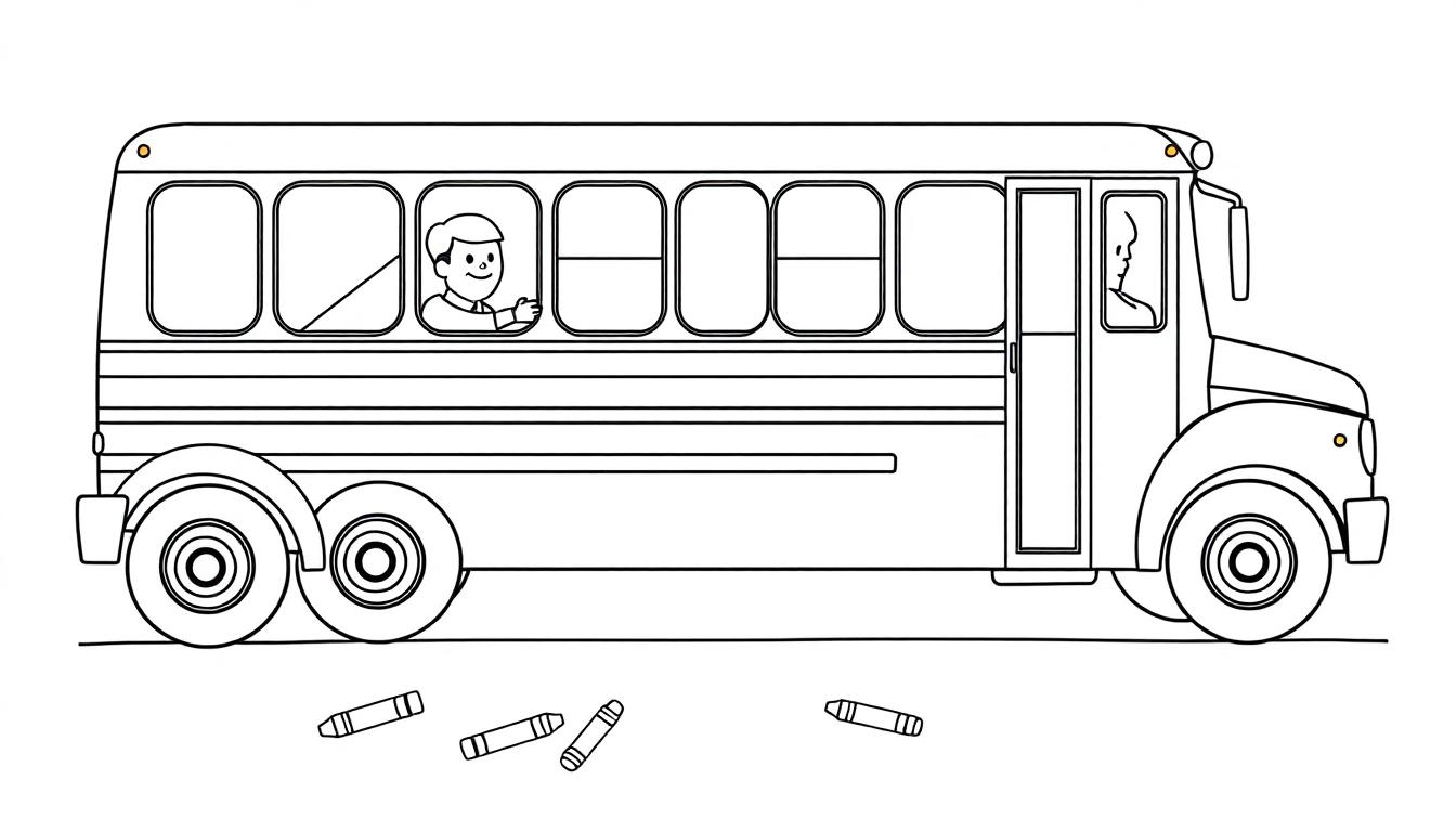 Ein fröhlicher Schulbus zum Ausmalen mit einem winkenden Kind und einem freundlichen Fahrer, umgeben von vier Stiften auf dem Boden, eine Farbtafel.