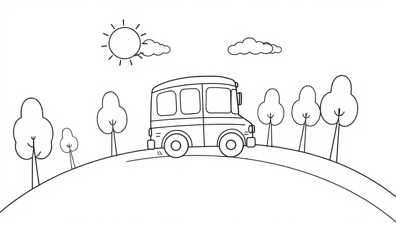 Eine simple Strichzeichnung eines gelben Lieferwagens, der eine leicht geschwungene Hügellandschaft durchfährt. Am Himmel sind eine stilisierte Sonne und Wolken zu sehen, perfekt als Farbtafel zum Ausmalen.
