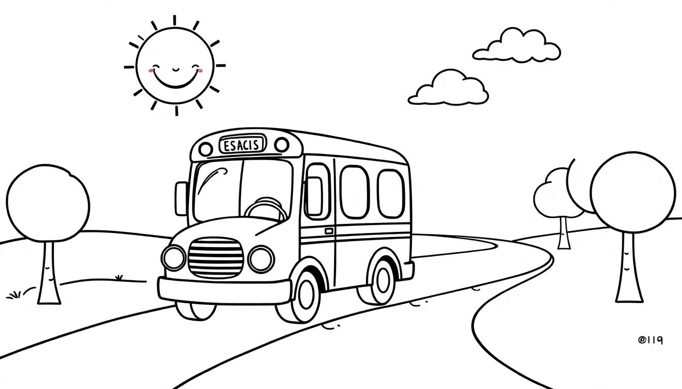 Eine Schwarz-Weiß-Farbtafel eines Schulbusses auf einer Landstraße mit Bäumen und einer lächelnden Sonne.
