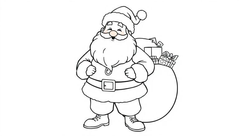 Schwarz-Weiß-Farbtafel des Weihnachtsmanns mit einem vollen Geschenkesack.