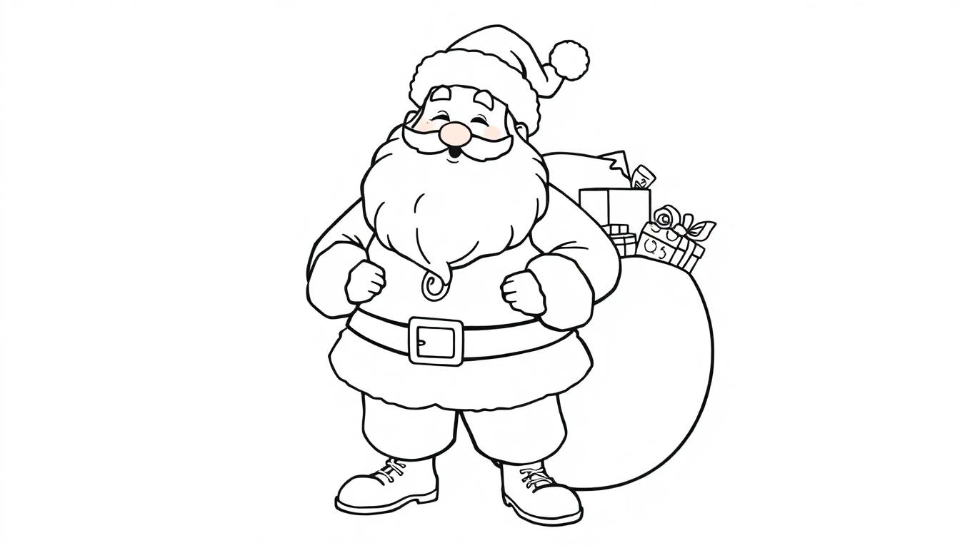 Schwarz-Weiß-Farbtafel des Weihnachtsmanns mit einem vollen Geschenkesack.