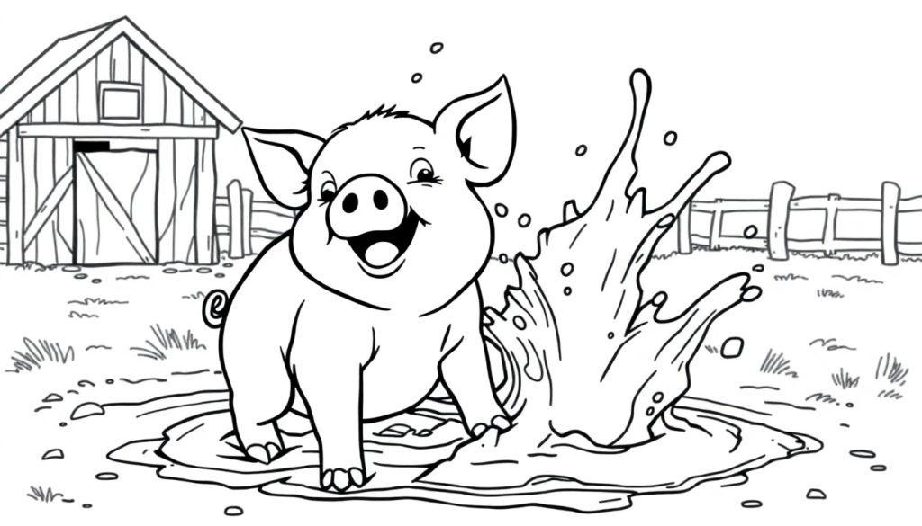 Ein glückliches Cartoon-Schwein spielt in einer Schlammpfütze.