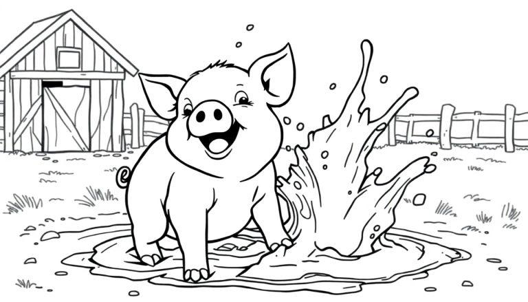 Ein glückliches Cartoon-Schwein spielt in einer Schlammpfütze.