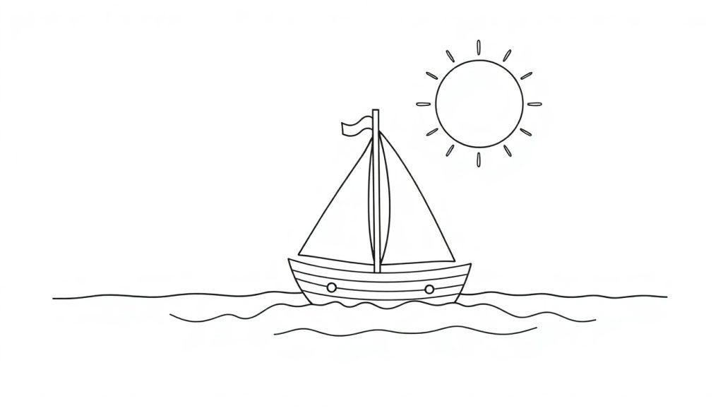 Schwarz-weiße Malvorlage eines Segelbootes mit einem großen Segel und einer kleinen Flagge auf dem Wasser unter einer strahlenden Sonne mit Strahlen. Das Wasser ist mit wellenförmigen Linien dargestellt. Die Farbtafel ist für Kinder.
