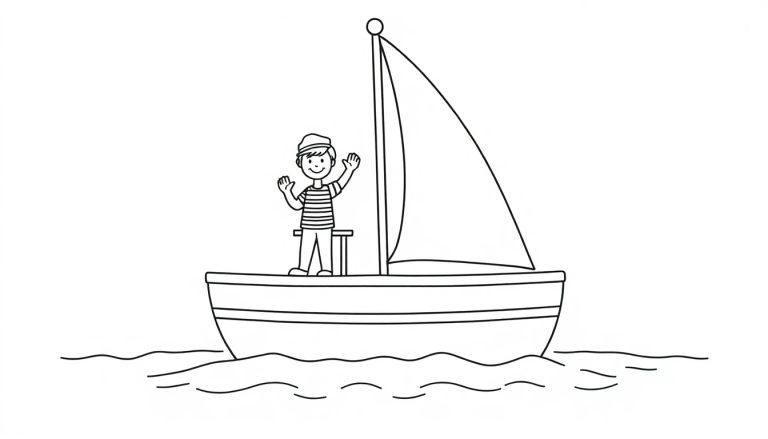 Schwarz-weiße Farbtafel eines Segelboots mit einem kleinen Jungen im gestreiften Pullover, der winkt.