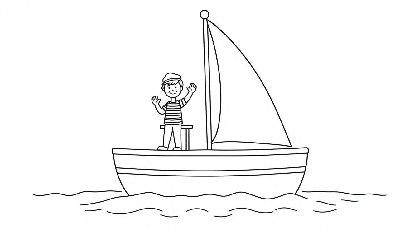Schwarz-weiße Farbtafel eines Segelboots mit einem kleinen Jungen im gestreiften Pullover, der winkt.