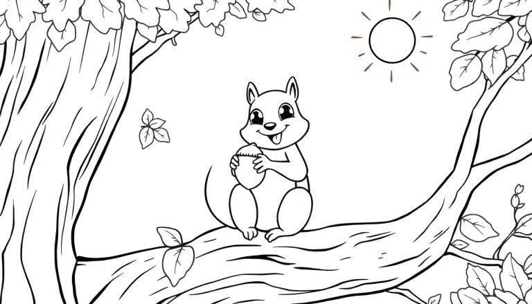 Schwarz-weiße Farbtafel eines fröhlichen Eichhörnchens im Sommerwald, das eine Eichel sammelt.