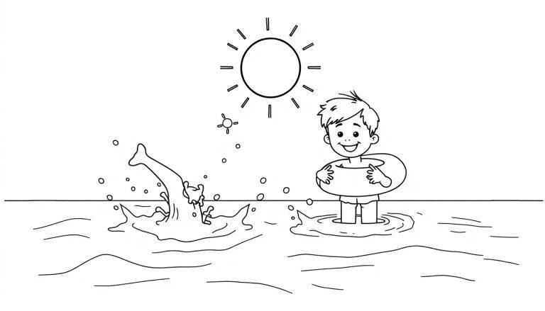 Ein fröhliches Kind planscht im Wasser mit einem Schwimmring, eine Farbtafel-Szene mit Spritzern und einer stilisierten Sonne.