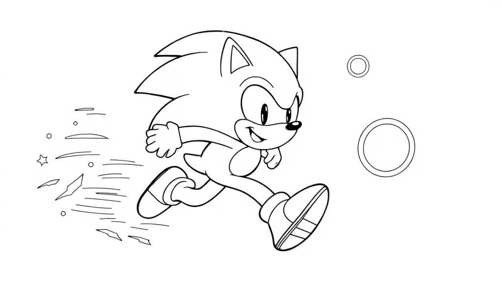 Sonic rennt schnell mit einem Lächeln, Geschwindigkeitslinien und zwei Ringen vor ihm.