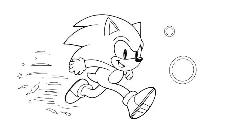 Sonic rennt schnell mit einem Lächeln, Geschwindigkeitslinien und zwei Ringen vor ihm.