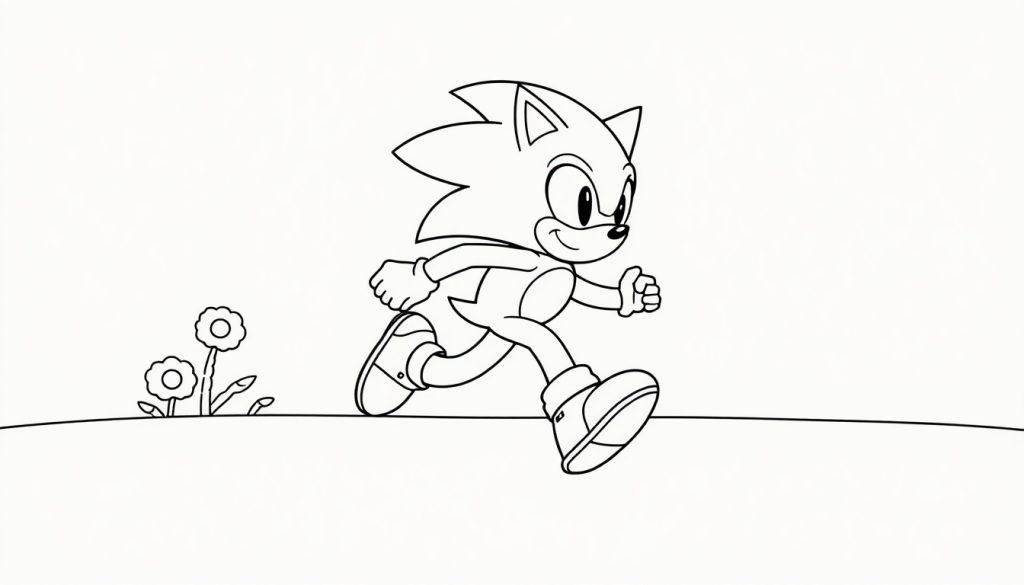 Eine Schwarz-Weiß-Farbtafel von Sonic the Hedgehog rennt mit einem entschlossenen Ausdruck auf einem Hügel mit Blumen.
