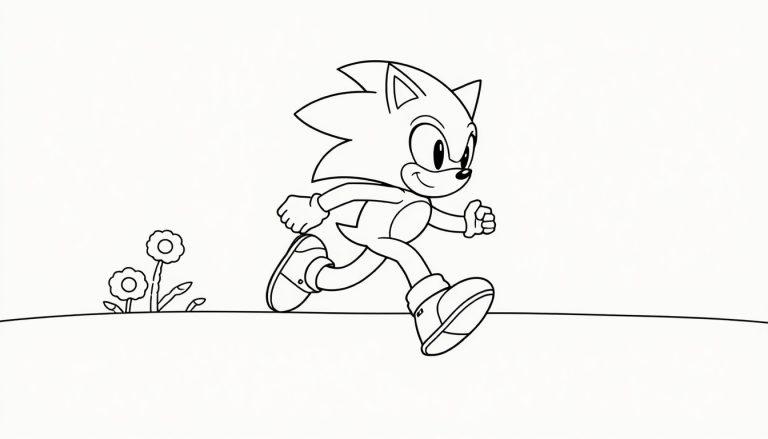Eine Schwarz-Weiß-Farbtafel von Sonic the Hedgehog rennt mit einem entschlossenen Ausdruck auf einem Hügel mit Blumen.