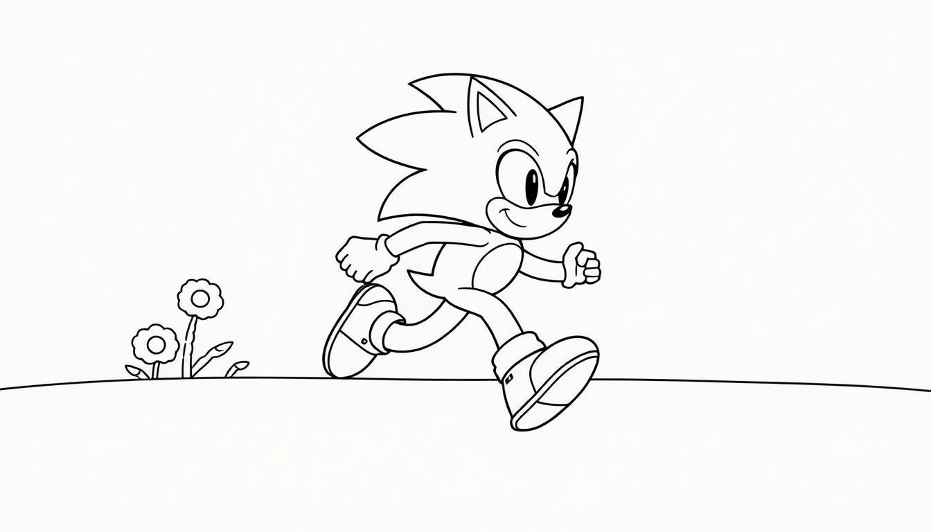 Eine Schwarz-Weiß-Farbtafel von Sonic the Hedgehog rennt mit einem entschlossenen Ausdruck auf einem Hügel mit Blumen.