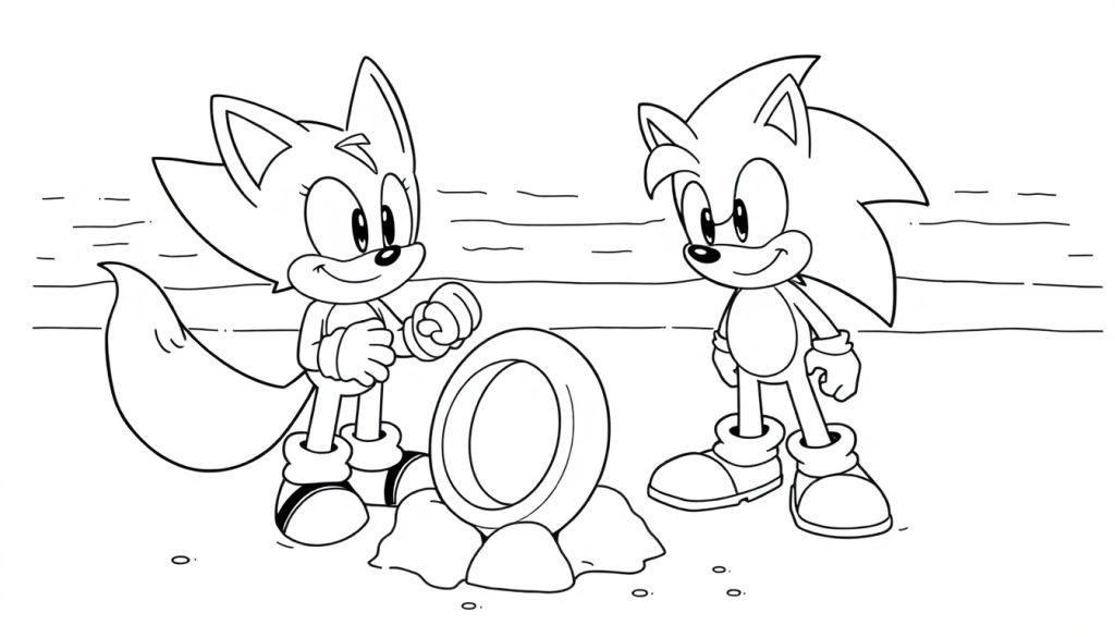 Sonic the Hedgehog und Tails am Strand mit goldenen Ringen.