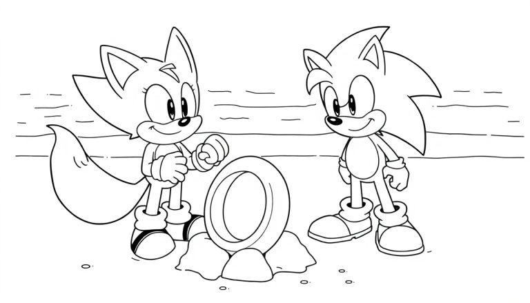 Sonic the Hedgehog und Tails am Strand mit goldenen Ringen.