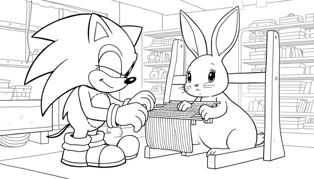 Sonic und ein Kaninchen arbeiten gemeinsam an einem Webstuhl.