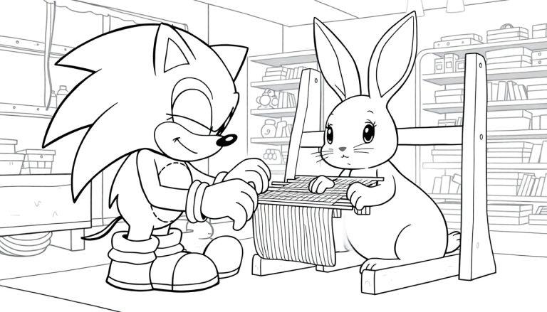 Sonic und ein Kaninchen arbeiten gemeinsam an einem Webstuhl.