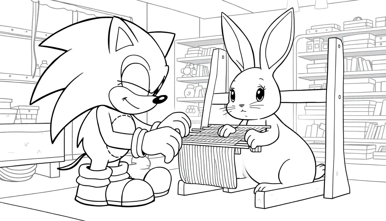 Sonic und ein Kaninchen arbeiten gemeinsam an einem Webstuhl.