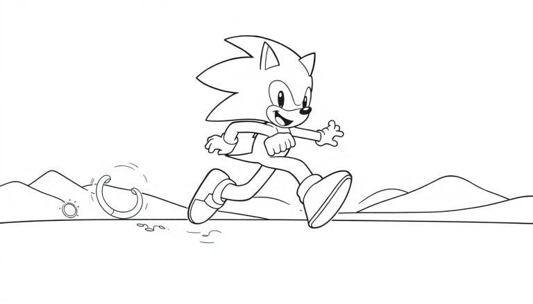 Schwarz-weiße Farbtafel von Sonic, der schnell durch eine Wüste rennt, mit Ringen und Bergen im Hintergrund.