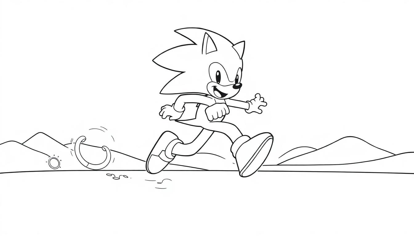 Schwarz-weiße Farbtafel von Sonic, der schnell durch eine Wüste rennt, mit Ringen und Bergen im Hintergrund.
