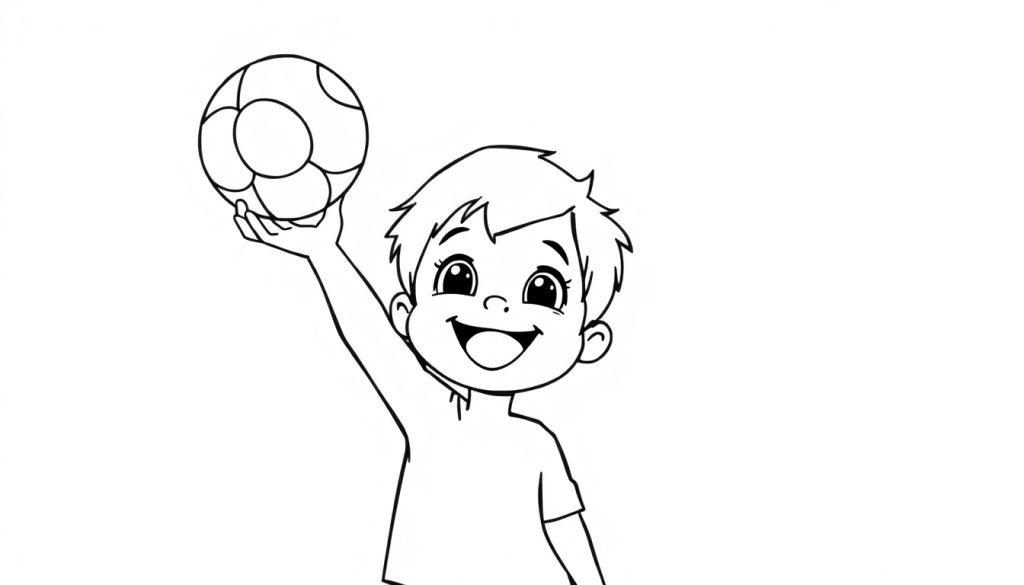 Schwarz-weiß Ausmalbild: Ein fröhlicher Junge hält einen Wasserball in der Sonne, als ob er ihn werfen will. Eine Farbtafel zum Ausmalen.