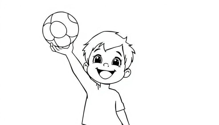 Schwarz-weiß Ausmalbild: Ein fröhlicher Junge hält einen Wasserball in der Sonne, als ob er ihn werfen will. Eine Farbtafel zum Ausmalen.