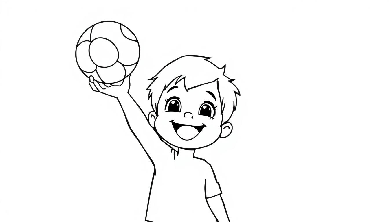 Schwarz-weiß Ausmalbild: Ein fröhlicher Junge hält einen Wasserball in der Sonne, als ob er ihn werfen will. Eine Farbtafel zum Ausmalen.