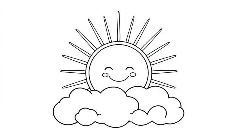 Schwarz-Weiß-Farbtafel einer Cartoon-Sonne mit Strahlen, die hinter einer Wolke hervorschaut.
