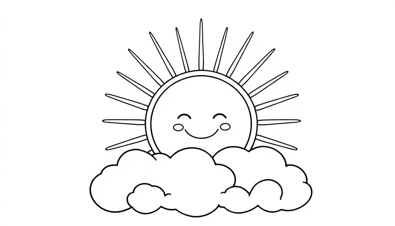 Schwarz-Weiß-Farbtafel einer Cartoon-Sonne mit Strahlen, die hinter einer Wolke hervorschaut.