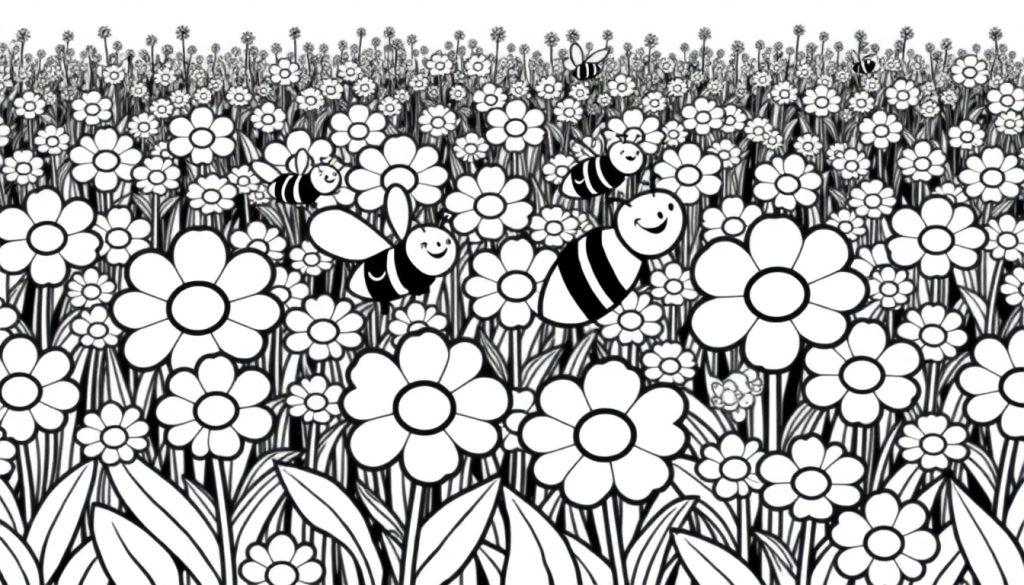 Schwarz-weiße Farbtafel eines fröhlichen Blumenfeldes mit summenden Bienen.