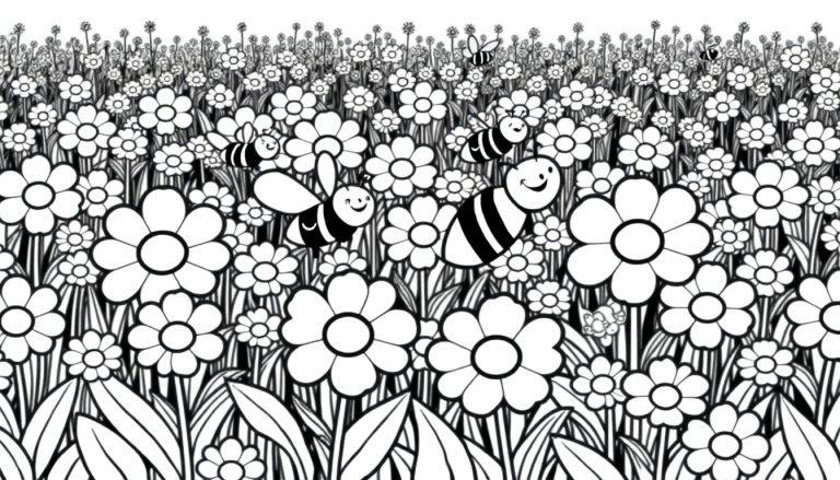 Schwarz-weiße Farbtafel eines fröhlichen Blumenfeldes mit summenden Bienen.